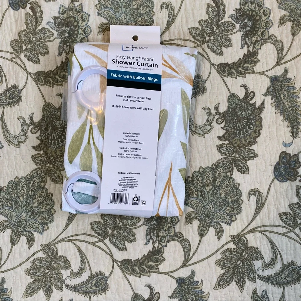 Mainstays White Shower Curtain with Green and Gold Leaf Pattern